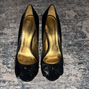 Vintage Guess Black Peep Toe Heels with Bow Accent